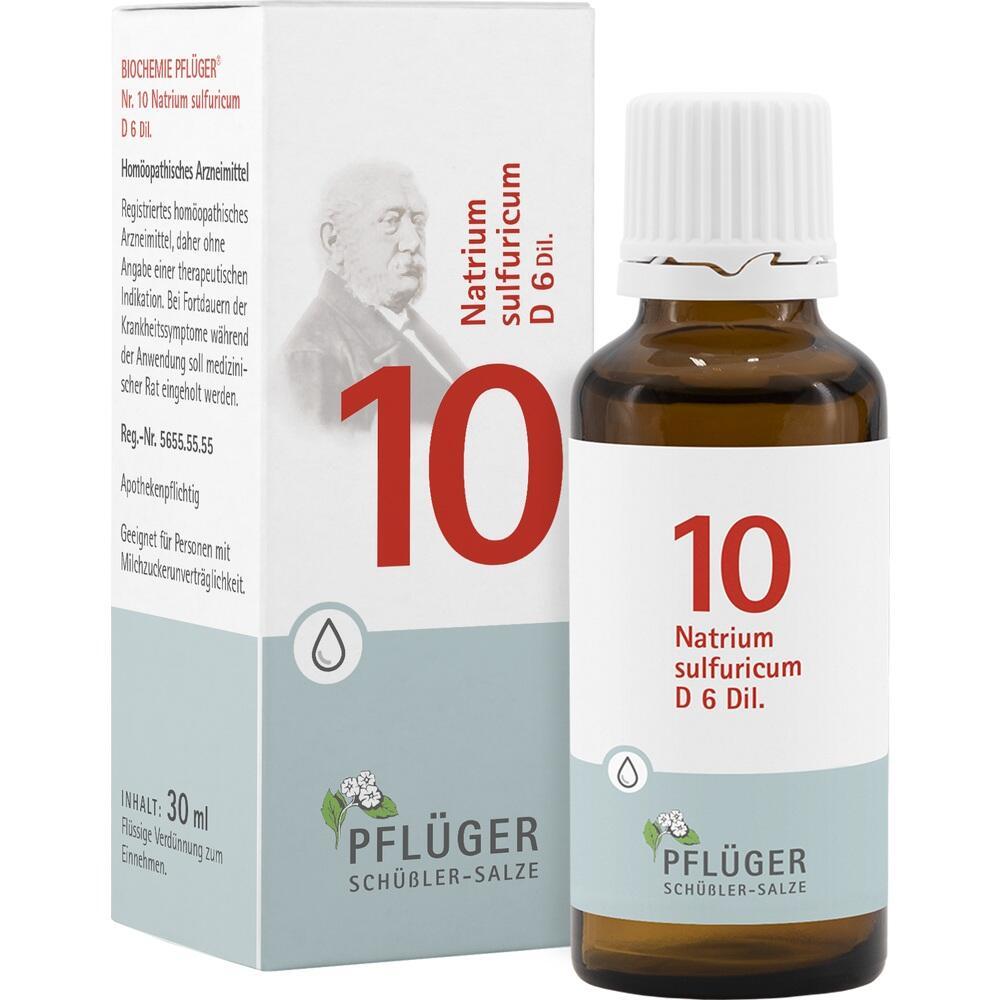 Eine Flasche und Verpackung von homöopathischem Mittel Nr. 10, Natrium sulfuricum D6.